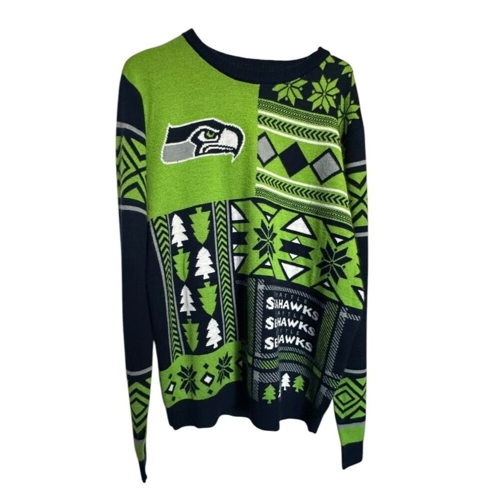 Seattle Seahawks Patches Ugly Sweater Christmas Party NFL Crew Neck Sz Large